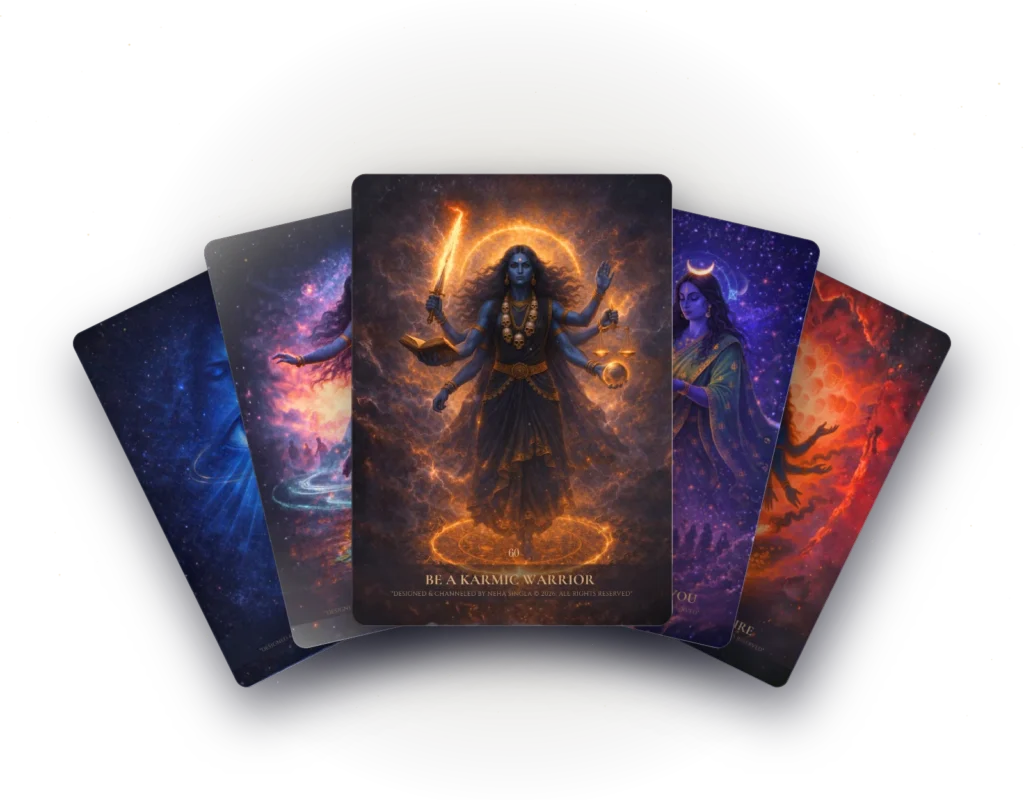 Five cards from the Divine Feminine Mahakali Akashic Oracle by Neha Singla fanned out